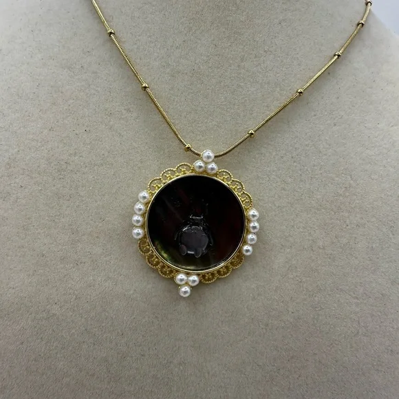 Round Gold Tone Silver 925 and Black Shell Totoro Pendant on Ball Chain - Picture 3 of 9